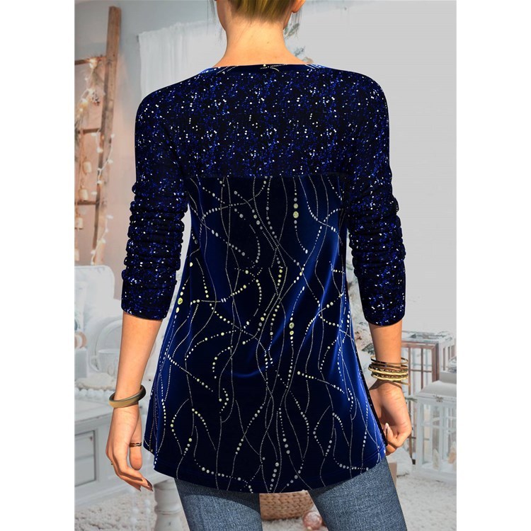 Women's Long-sleeved Sequined Printed Pullover Loose Round Neck Street T-shirt