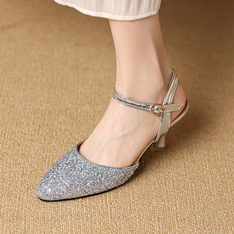 Closed Toe Back Empty Ankle-strap Buckle Sandals Women's Silver High Heel