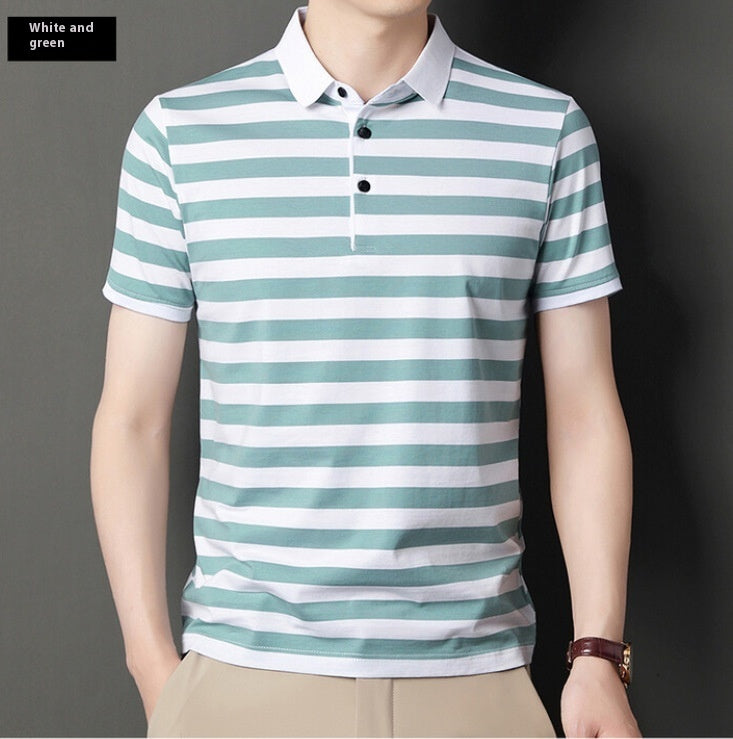 Summer Short-sleeved T-shirt Men's Cotton Ice Silk Polo Collar Stripes Youth Undershirt