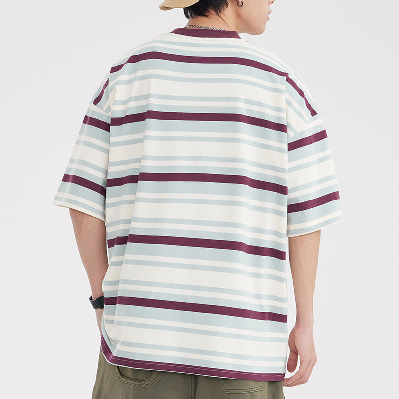 Vintage Stripe Niche Couple Loose Half-sleeve Top