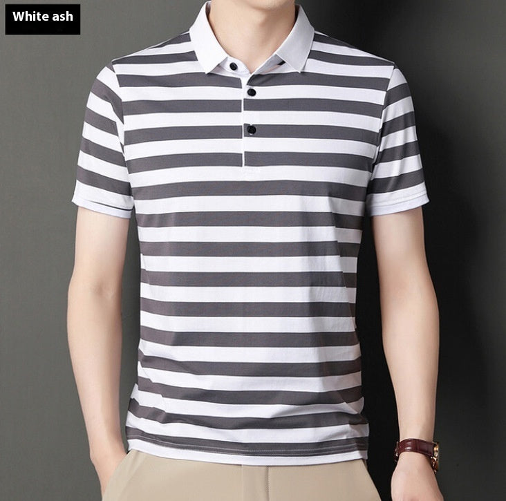 Summer Short-sleeved T-shirt Men's Cotton Ice Silk Polo Collar Stripes Youth Undershirt