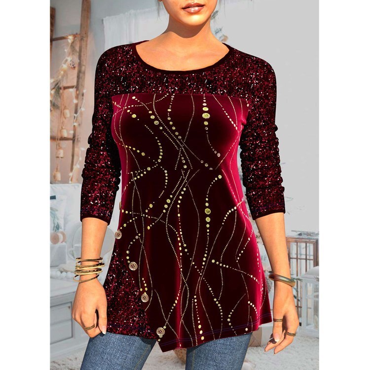 Women's Long-sleeved Sequined Printed Pullover Loose Round Neck Street T-shirt