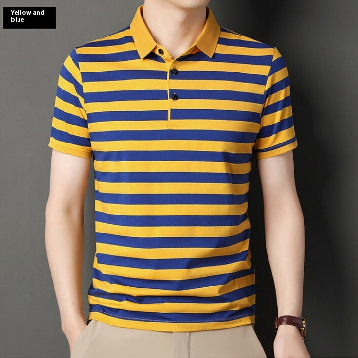 Summer Short-sleeved T-shirt Men's Cotton Ice Silk Polo Collar Stripes Youth Undershirt