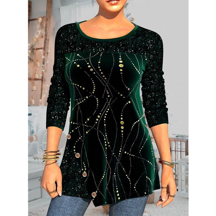 Women's Long-sleeved Sequined Printed Pullover Loose Round Neck Street T-shirt