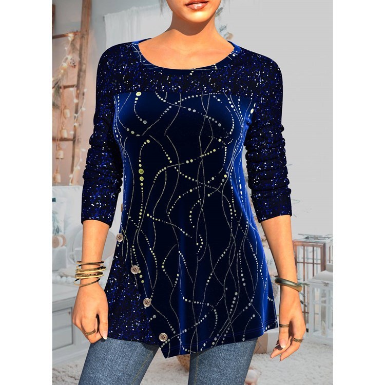 Women's Long-sleeved Sequined Printed Pullover Loose Round Neck Street T-shirt