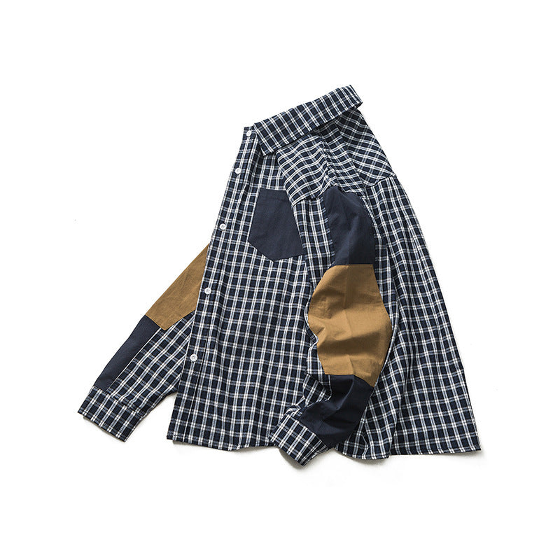 Color Contrast Patchwork Plaid Lapel Shirt Japanese-style Retro