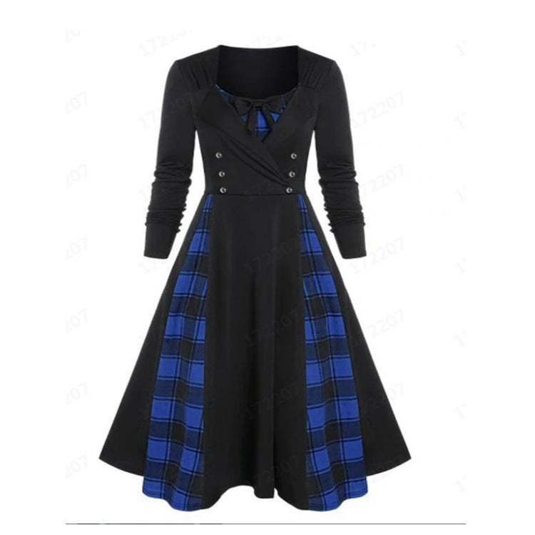 Women's Spring Contrast Color Check Stitching Double Breasted Long Sleeve Dress