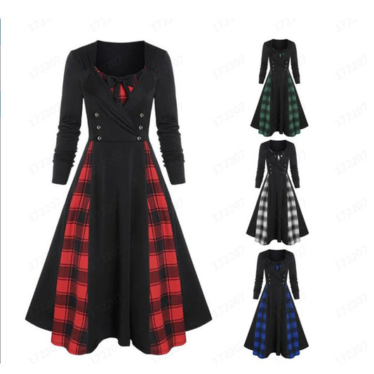 Women's Spring Contrast Color Check Stitching Double Breasted Long Sleeve Dress