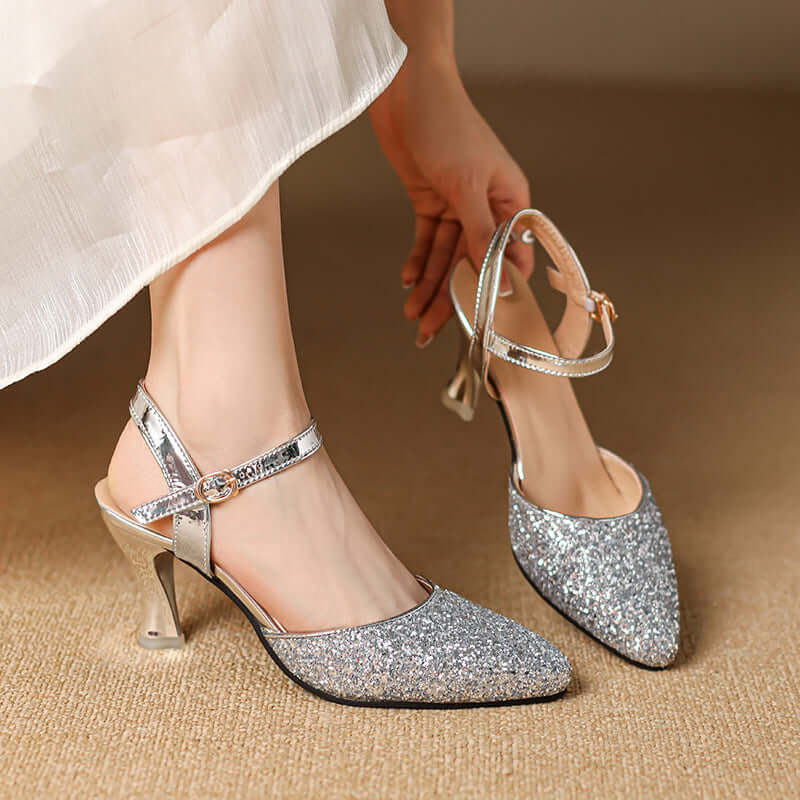 Closed Toe Back Empty Ankle-strap Buckle Sandals Women's Silver High Heel