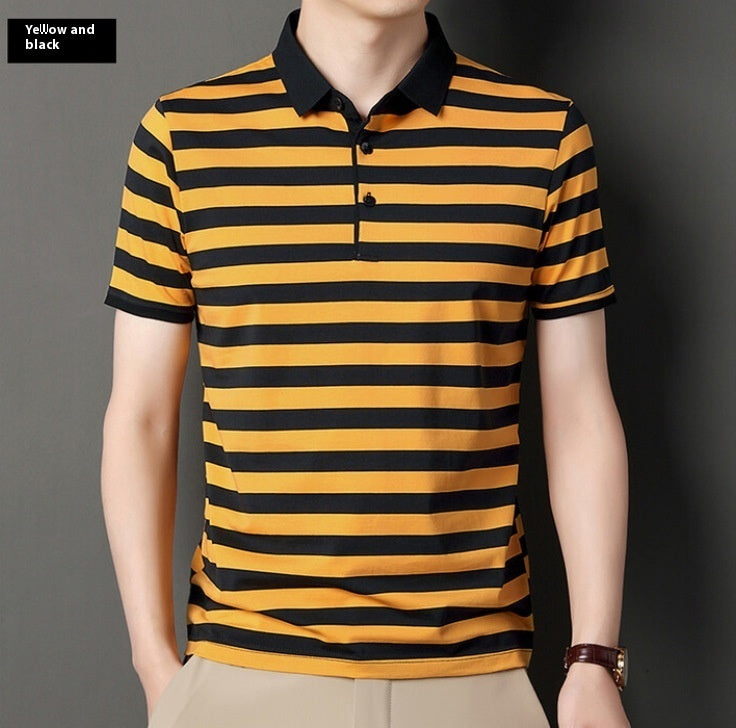 Summer Short-sleeved T-shirt Men's Cotton Ice Silk Polo Collar Stripes Youth Undershirt